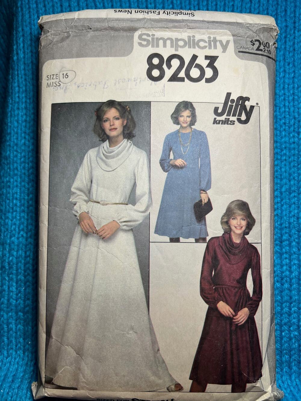 Simplicity Sewing pattern 8263 knit dress cowl neck 1980s size 16